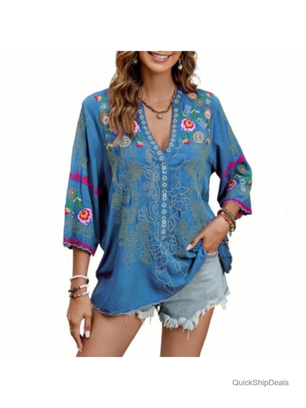 Embroidered Peasant Blouse 3/4 Flare Sleeve Boho V Neck Tunic Top